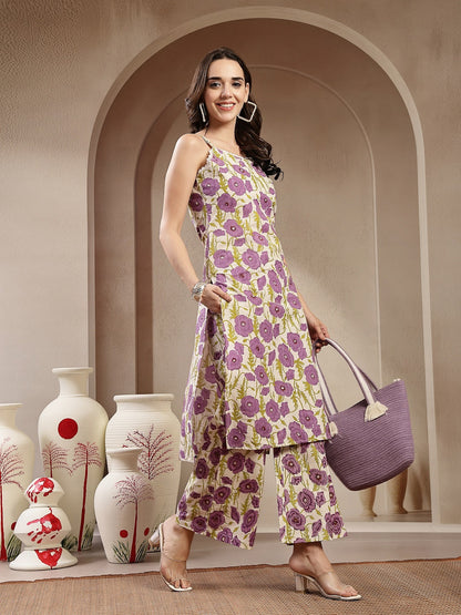Lavender Floral Printed Cotton Straight Kurta Palazzo Set