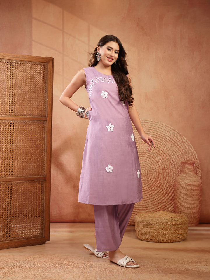 Solid &amp; Embroidered Poly Silk A-line Kurta Pant Set