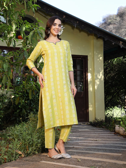 Lime Green Woven Design Cotton Blend Straight Kurta Pant Set (Pre-Order)