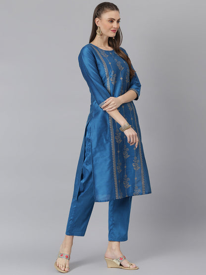 Women Gold Printed Poly Silk Straight Kurta Pant Set (Pre-Order)