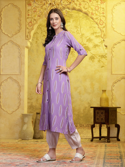 Lavender Printed Rayon A-Line Kurta Pant Set