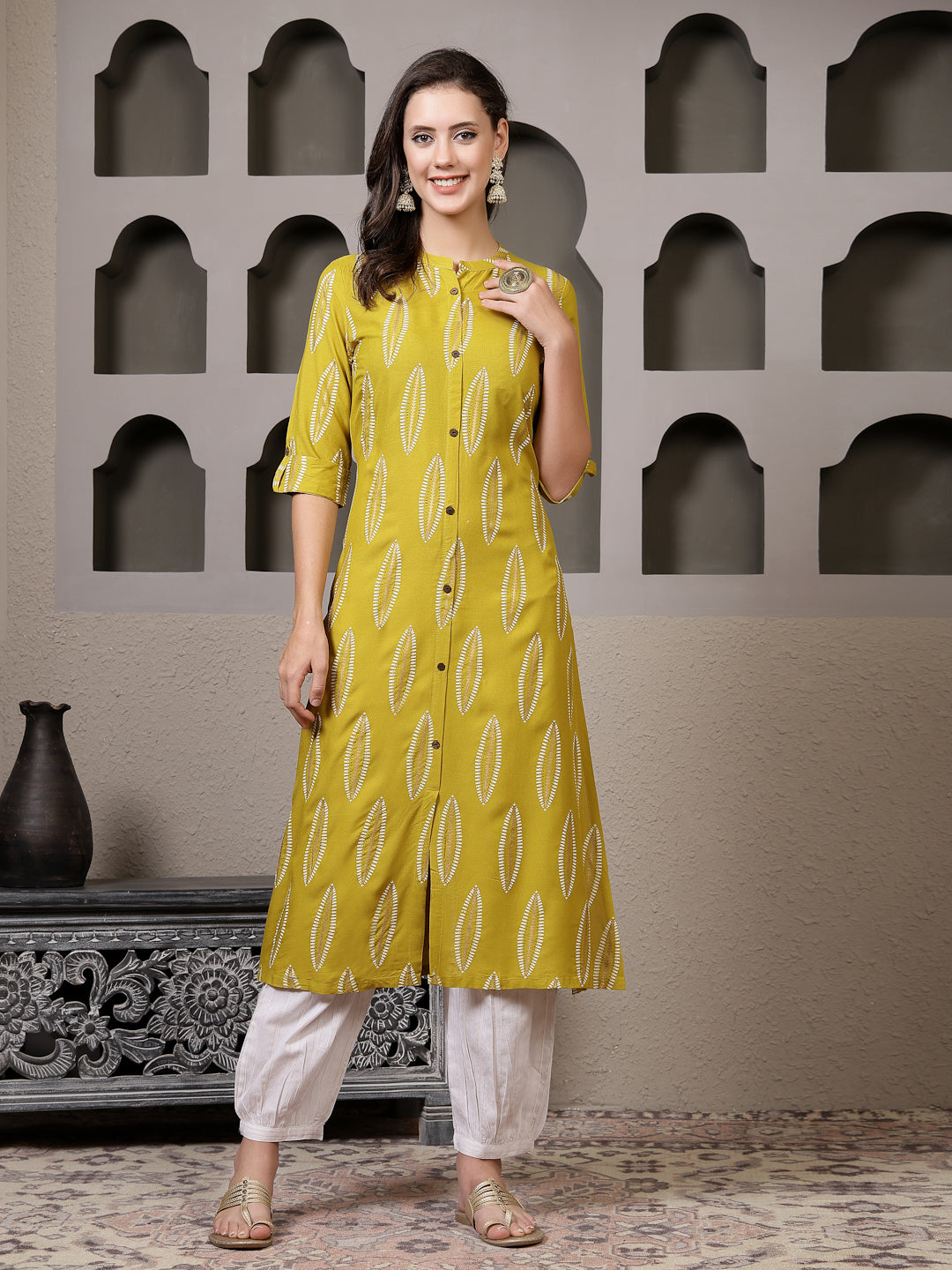 Mustard Printed Rayon A-Line Kurta Pant Set (Pre-Order)