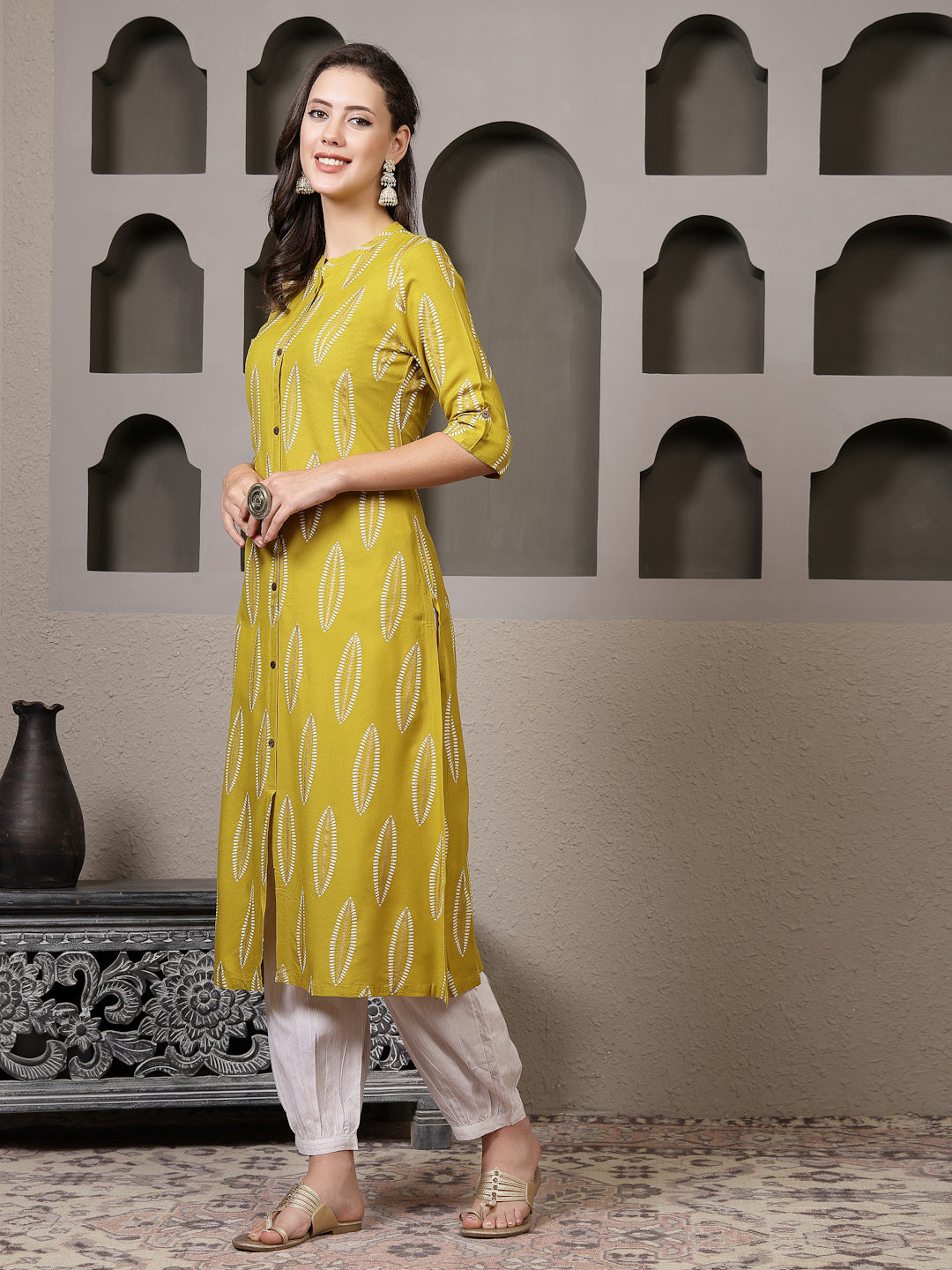 Mustard Printed Rayon A-Line Kurta Pant Set (Pre-Order)