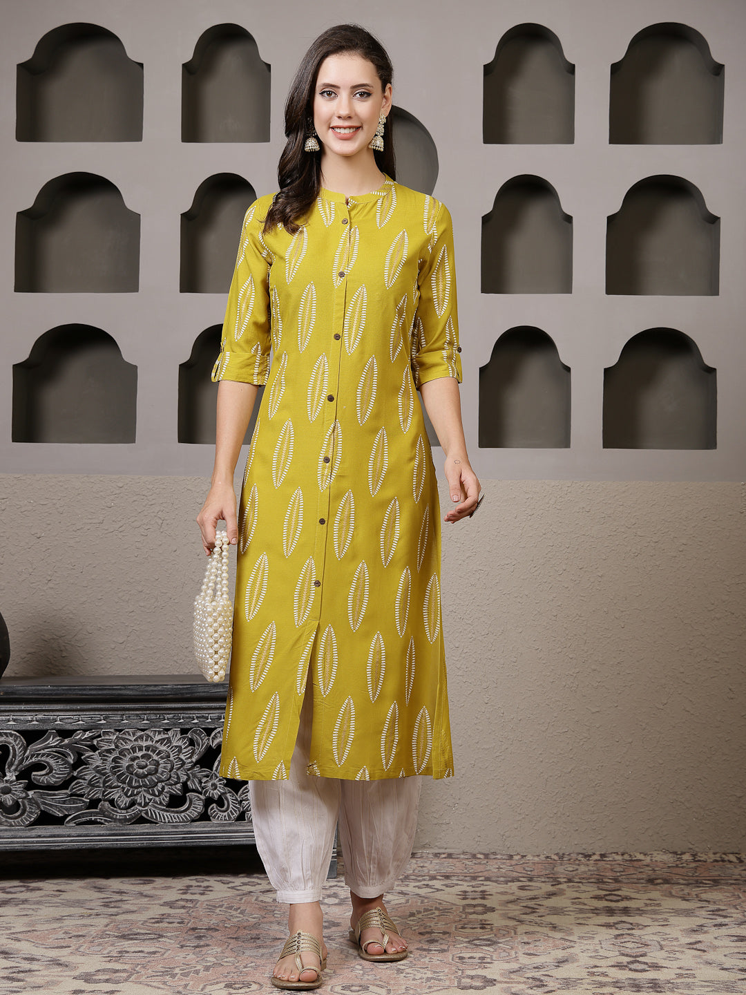 Mustard Printed Rayon A-Line Kurta Pant Set (Pre-Order)