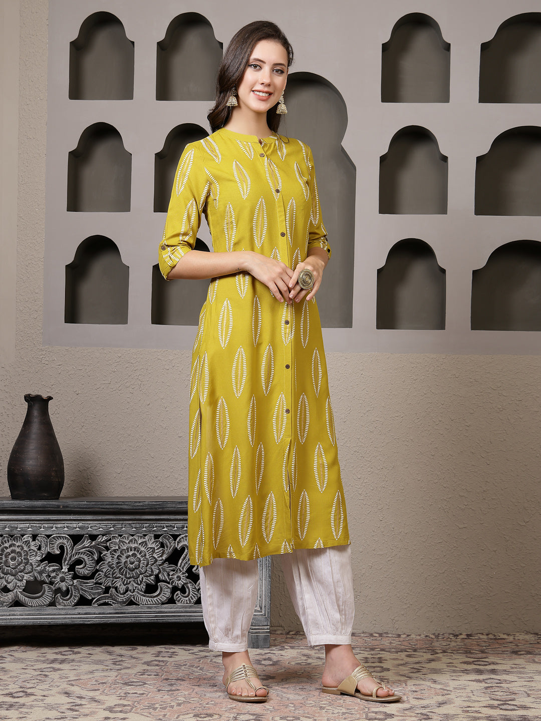 Mustard Printed Rayon A-Line Kurta Pant Set (Pre-Order)