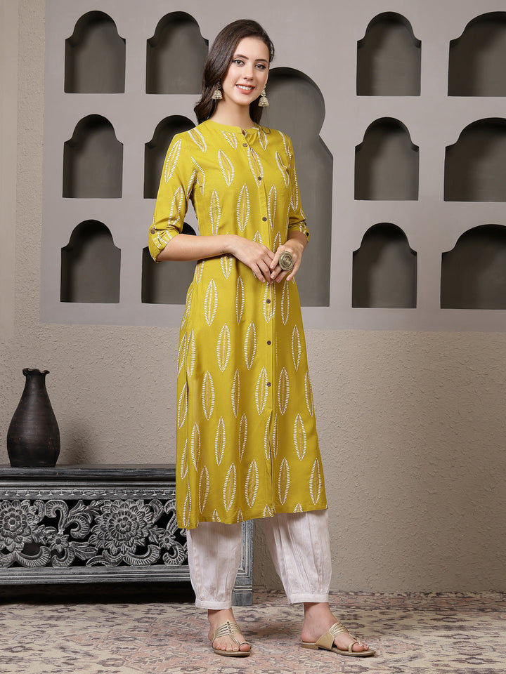 Mustard Printed Rayon A-Line Kurta Pant Set