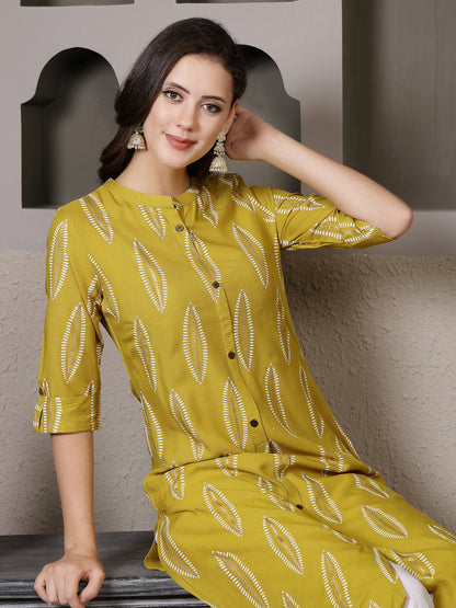 Mustard Printed Rayon A-Line Kurta Pant Set (Pre-Order)