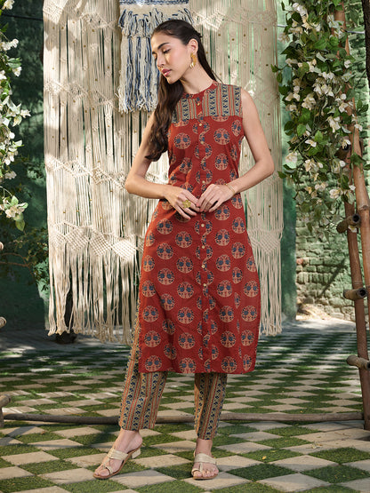 Maroon Ajrakh Printed Cotton Straight Kurta Pant Set