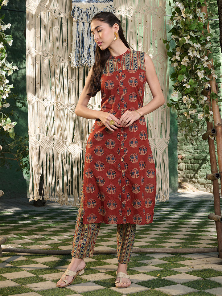 Maroon Ajrakh Printed Cotton Straight Kurta Pant Set
