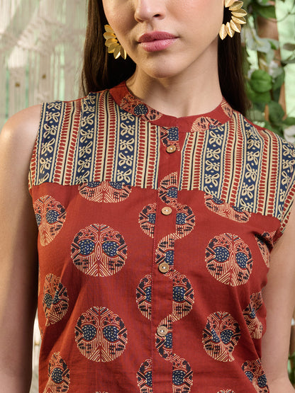 Maroon Ajrakh Printed Cotton Straight Kurta Pant Set