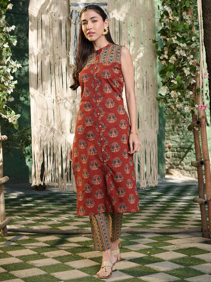 Maroon Ajrakh Printed Cotton Straight Kurta Pant Set