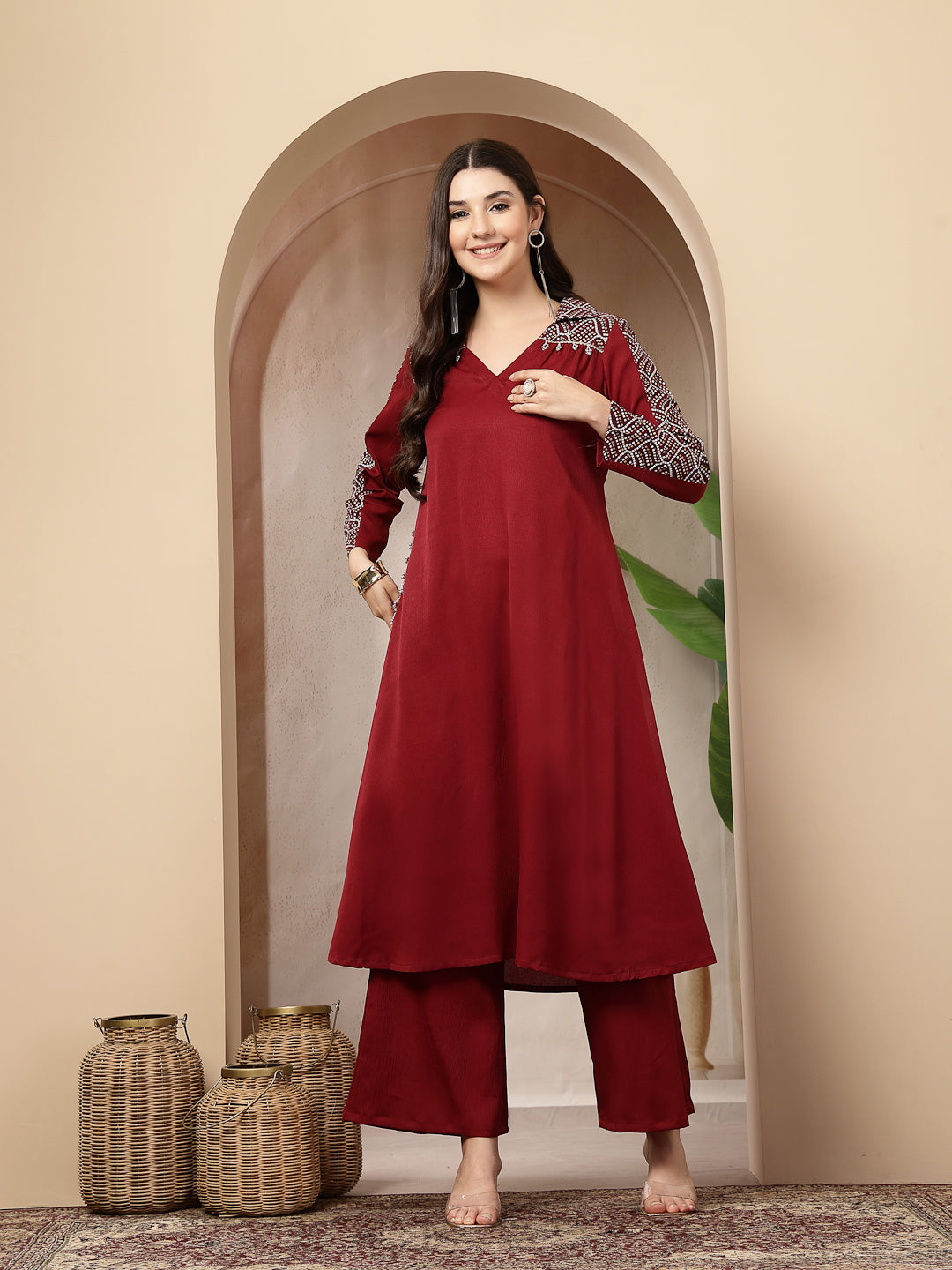 Maroon Solid Crepe A-Line Kurta Pant Set