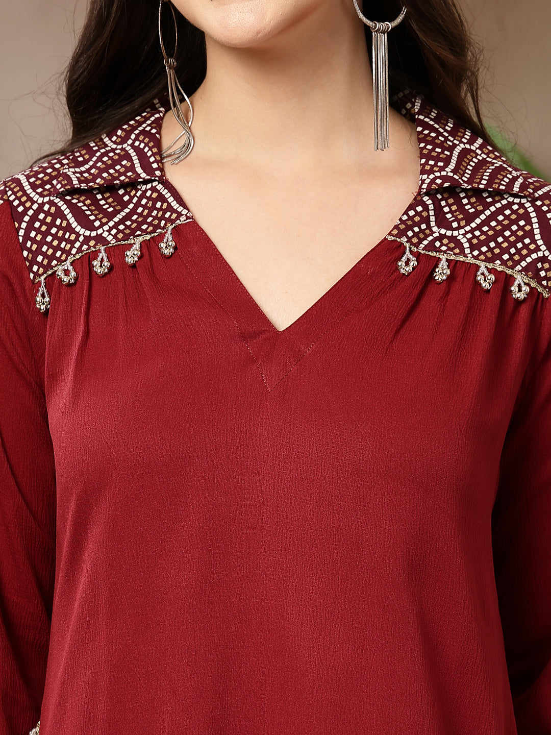 Maroon Solid Crepe A-Line Kurta Pant Set