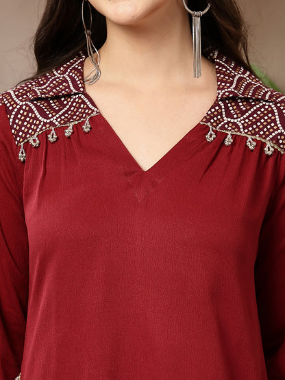 Maroon Solid Crepe A-Line Kurta Pant Set