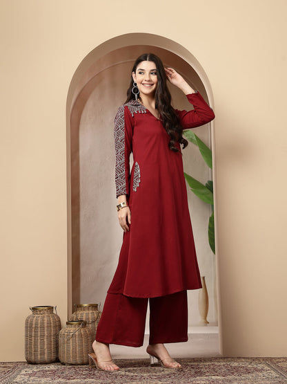 Maroon Solid Crepe A-Line Kurta Pant Set