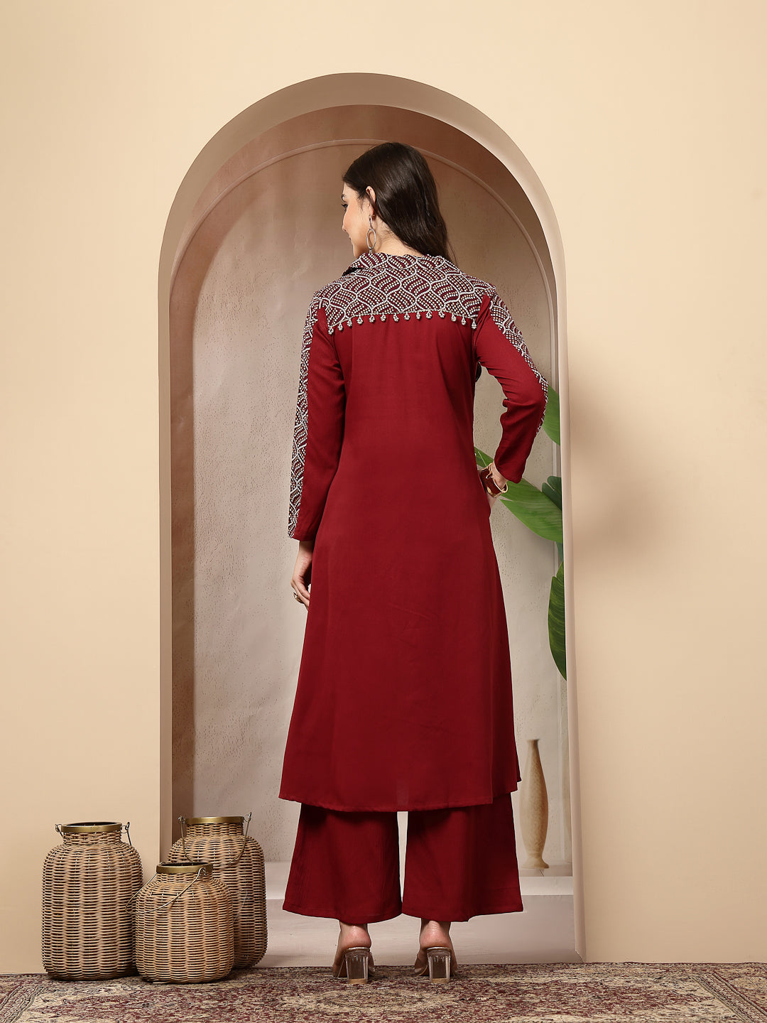Maroon Solid Crepe A-Line Kurta Pant Set