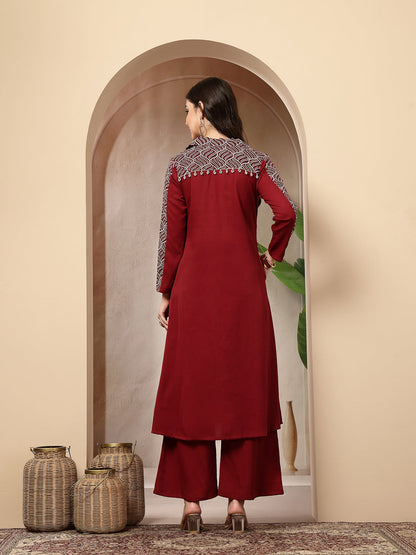 Maroon Solid Crepe A-Line Kurta Pant Set