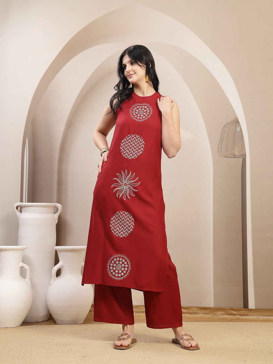 Solid &amp; Embroidered Rayon Straight Kurta Pant Set