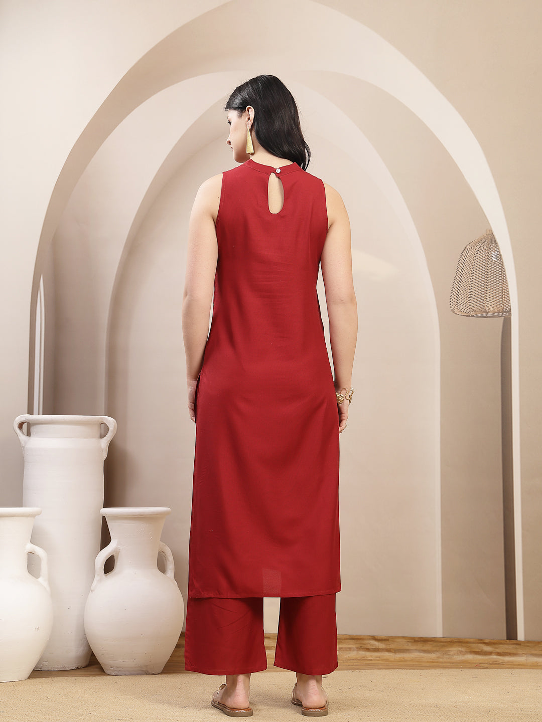 Solid &amp; Embroidered Rayon Straight Kurta Pant Set