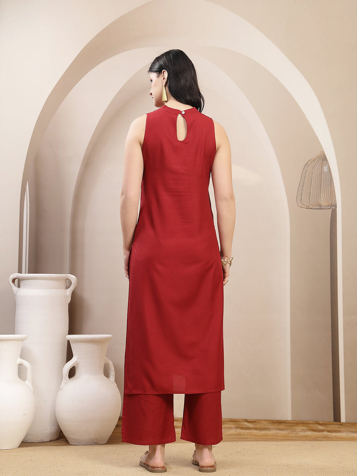 Solid &amp; Embroidered Rayon Straight Kurta Pant Set
