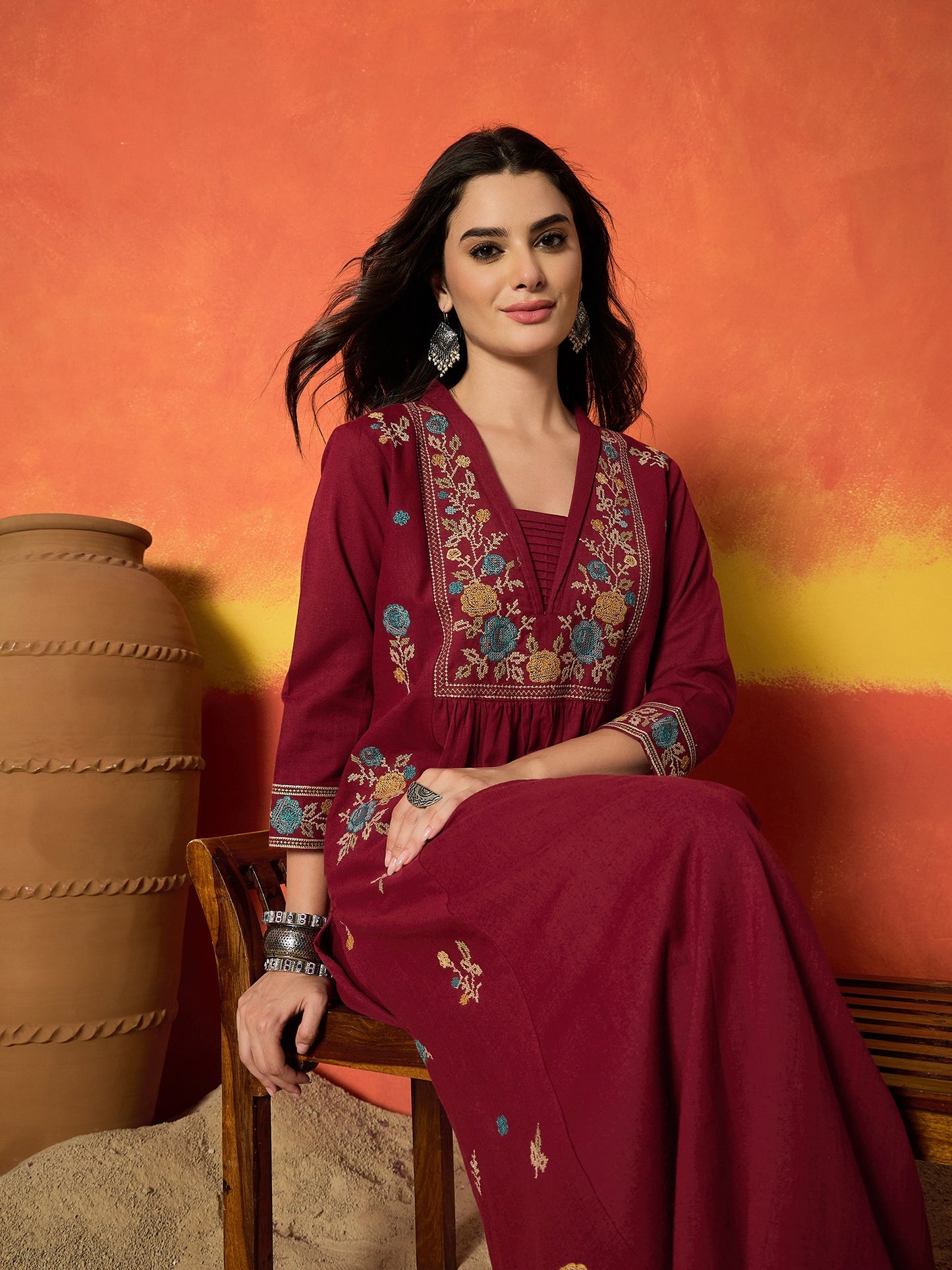 Solid & Embroidered Cotton Flex A-Line Kurta Palazzo Set