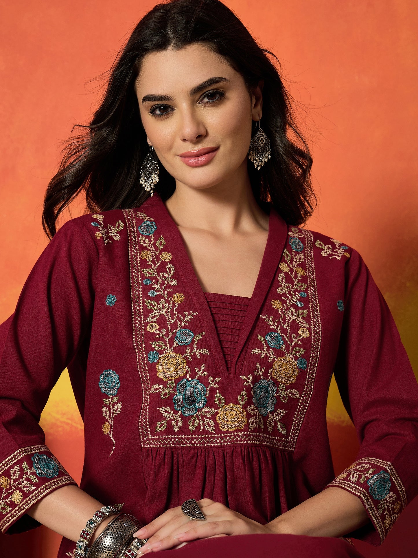 Solid & Embroidered Cotton Flex A-Line Kurta Palazzo Set