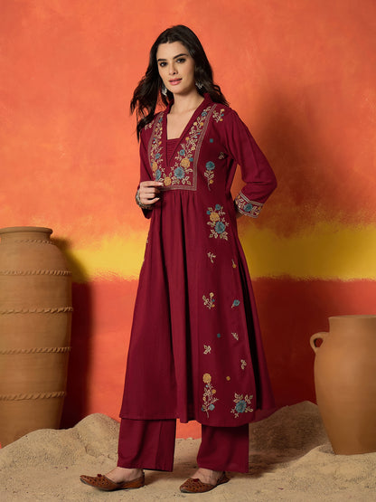 Solid & Embroidered Cotton Flex A-Line Kurta Palazzo Set