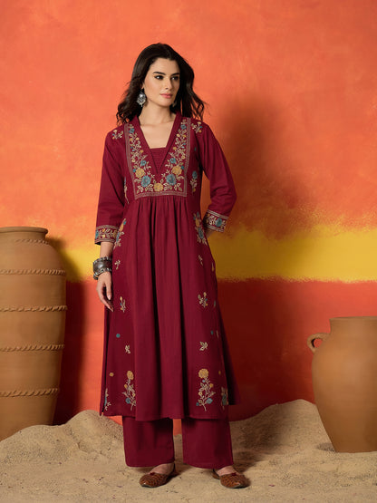 Solid & Embroidered Cotton Flex A-Line Kurta Palazzo Set