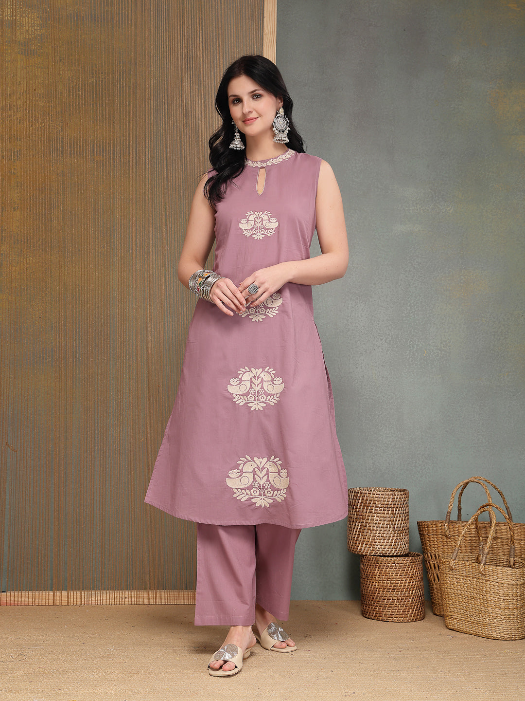 Solid &amp; Embroidered Cotton A-Line Kurta Pant Set