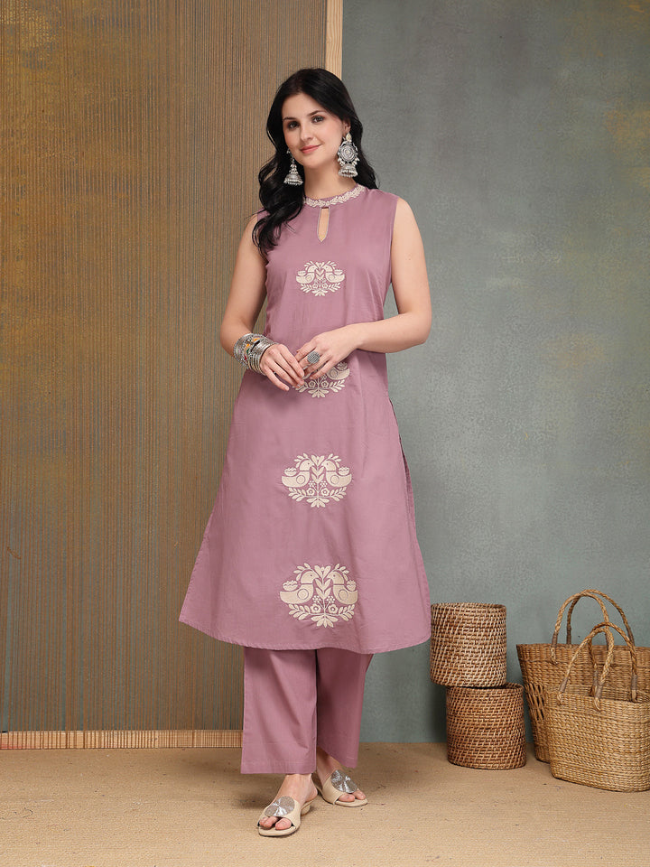 Solid &amp; Embroidered Cotton A-Line Kurta Pant Set