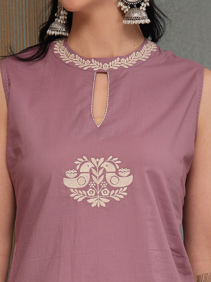 Solid &amp; Embroidered Cotton A-Line Kurta Pant Set