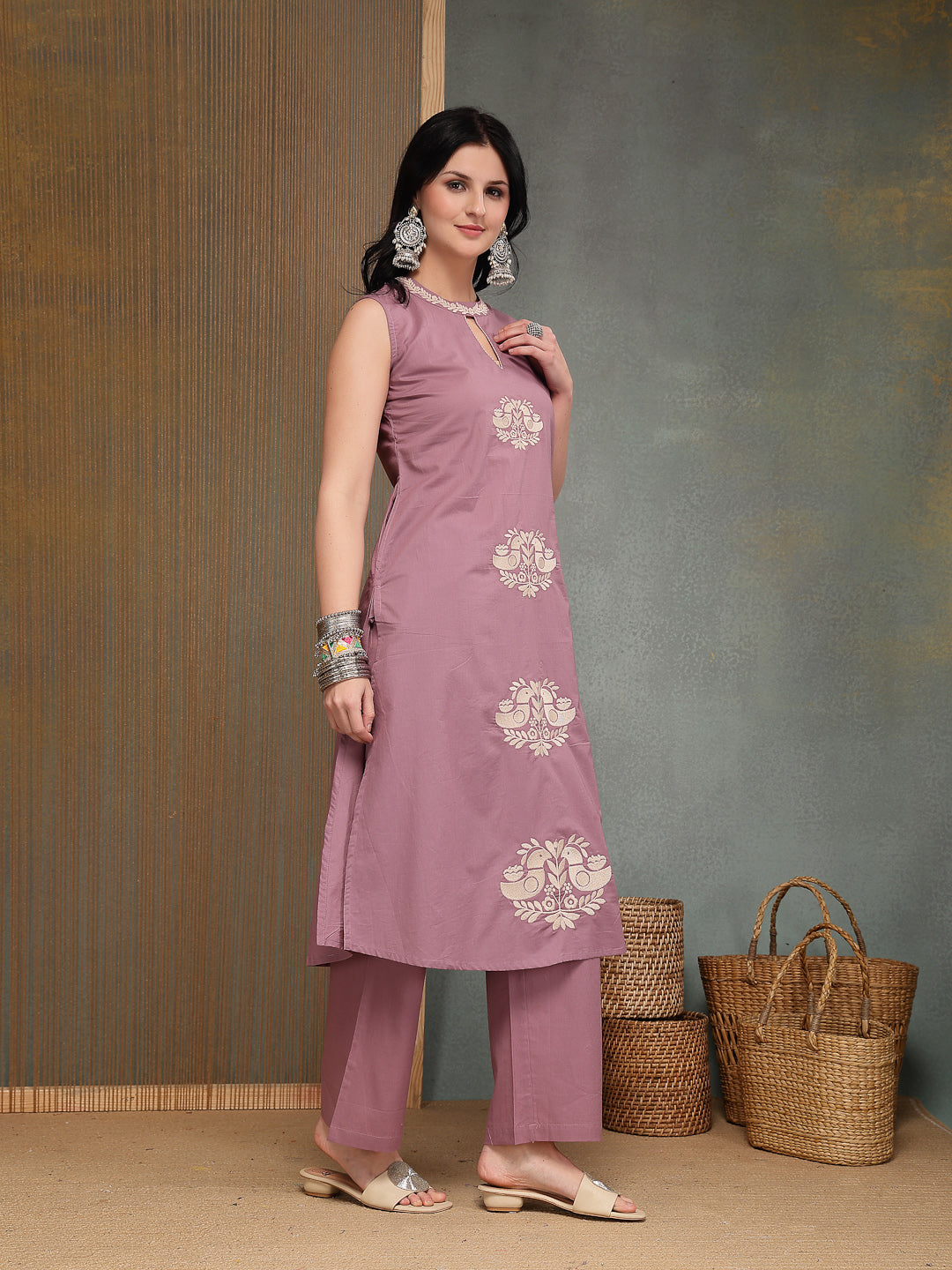 Solid &amp; Embroidered Cotton A-Line Kurta Pant Set