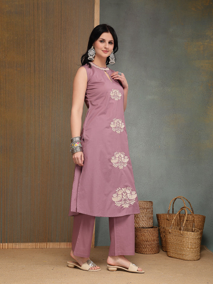 Solid &amp; Embroidered Cotton A-Line Kurta Pant Set