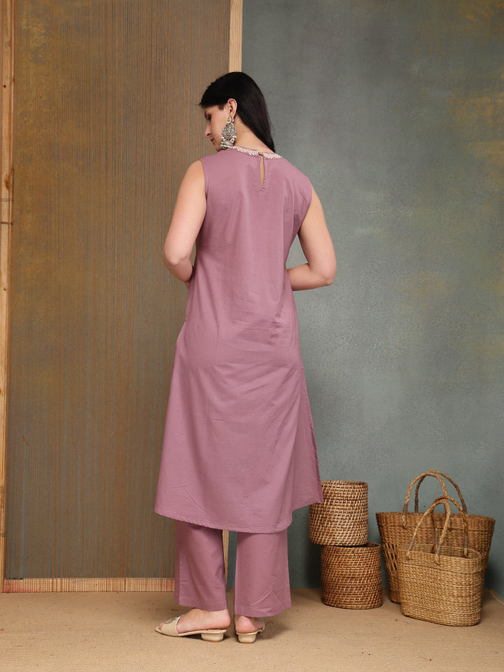 Solid &amp; Embroidered Cotton A-Line Kurta Pant Set