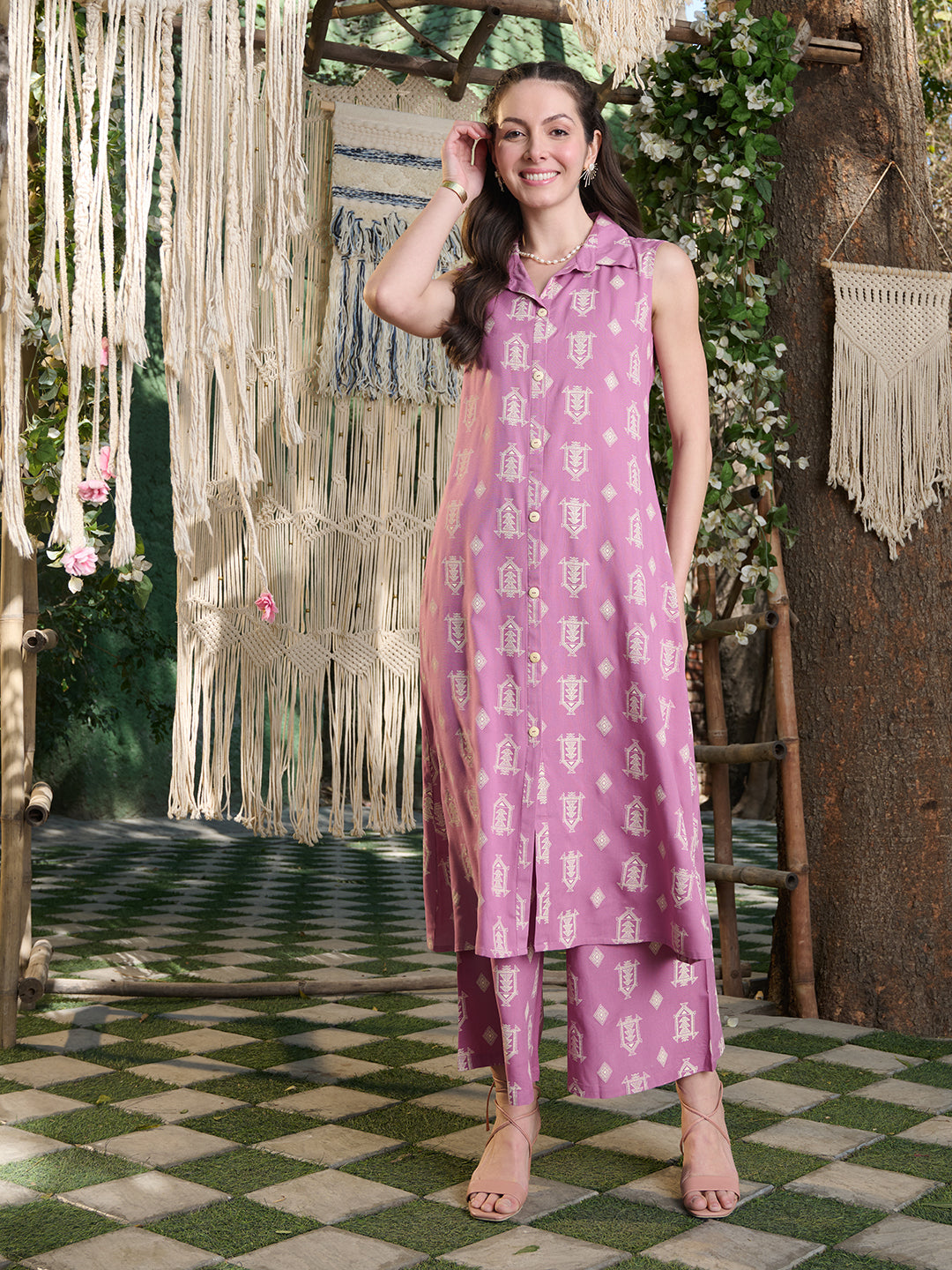 Mauve Printed Rayon Kurta Pant Set