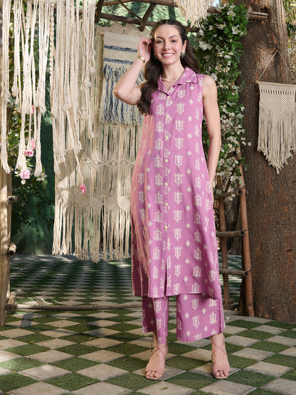 Mauve Printed Rayon Kurta Pant Set