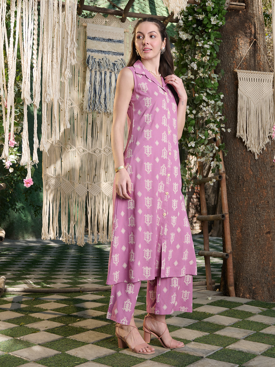 Mauve Printed Rayon Kurta Pant Set