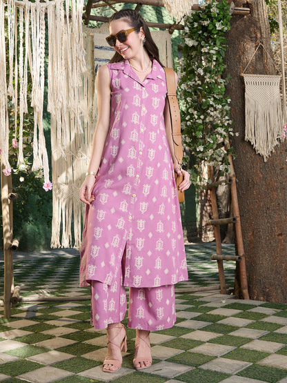 Mauve Printed Rayon Kurta Pant Set