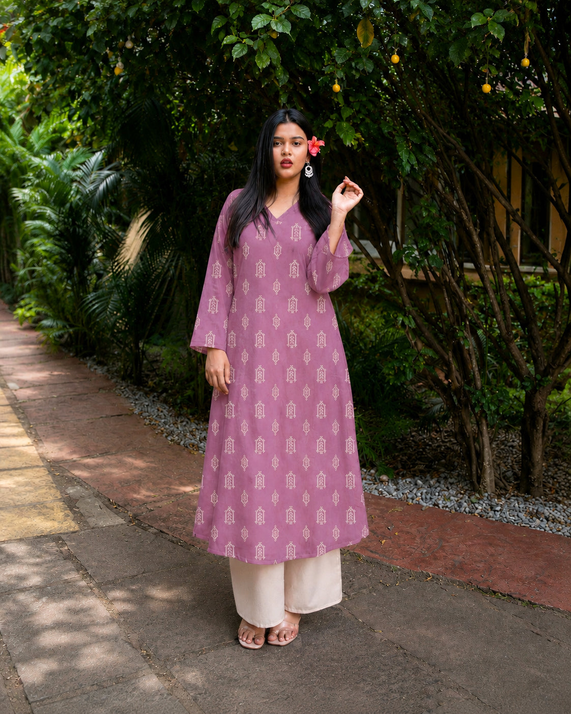 Ikat Printed Rayon A-Line Kurta With Palazzo