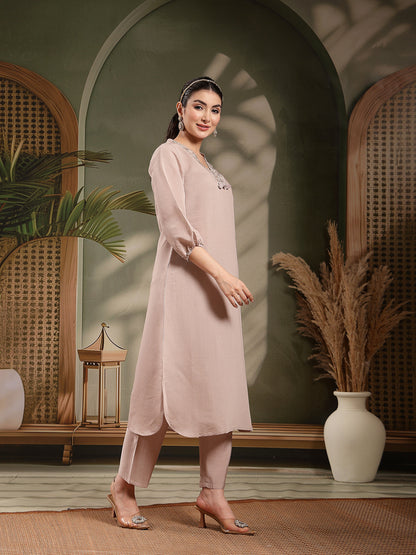 Mouse Solid & Embroidered Silk Blend Straight Kurta Pant Set