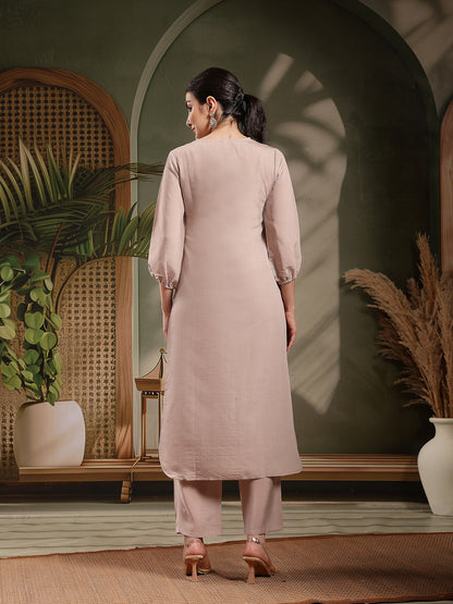 Mouse Solid & Embroidered Silk Blend Straight Kurta Pant Set