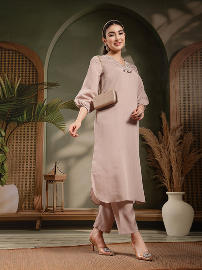 Mouse Solid & Embroidered Silk Blend Straight Kurta Pant Set