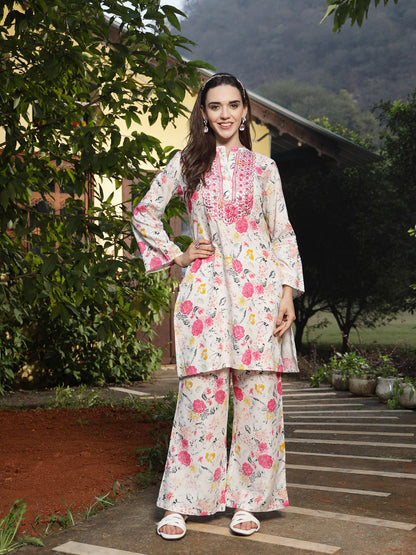 White Floral Printed & Embroidered Rayon Straight Kurta Palazzo Set