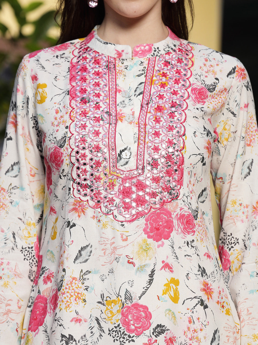 White Floral Printed &amp; Embroidered Rayon Straight Kurta Palazzo Set