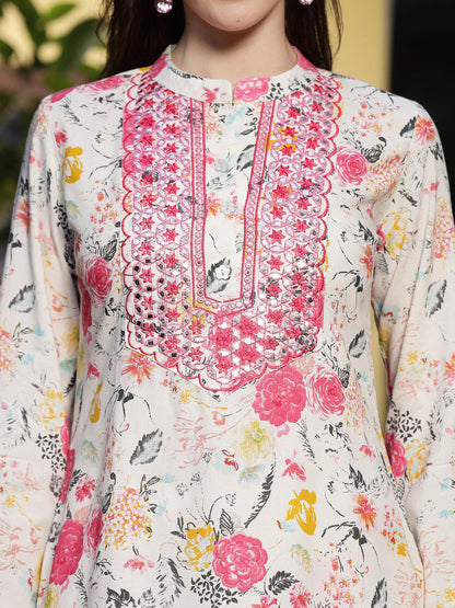 White Floral Printed & Embroidered Rayon Straight Kurta Palazzo Set