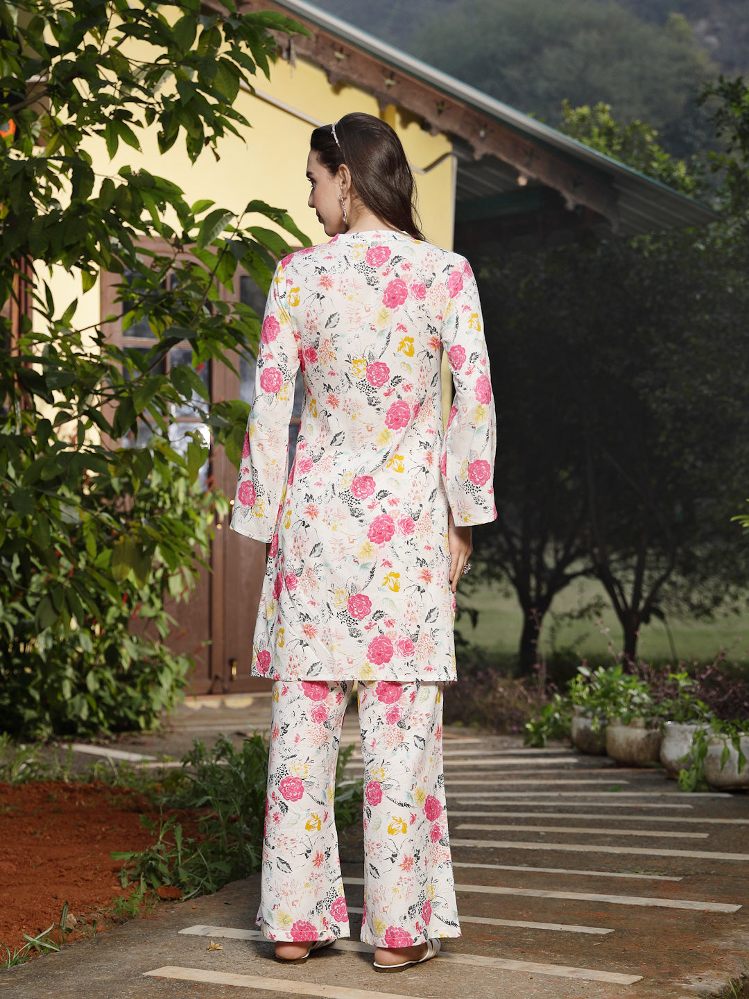 White Floral Printed & Embroidered Rayon Straight Kurta Palazzo Set