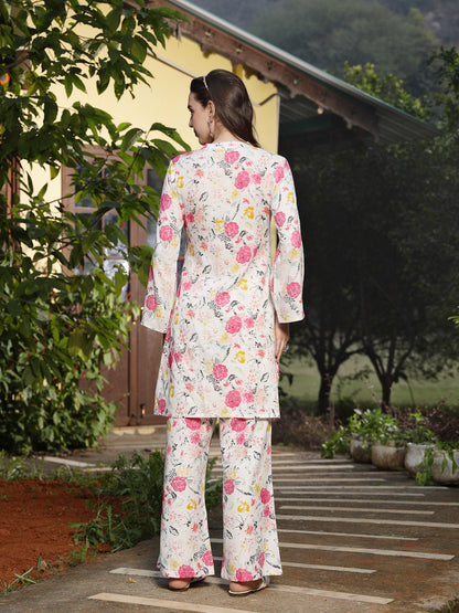White Floral Printed & Embroidered Rayon Straight Kurta Palazzo Set