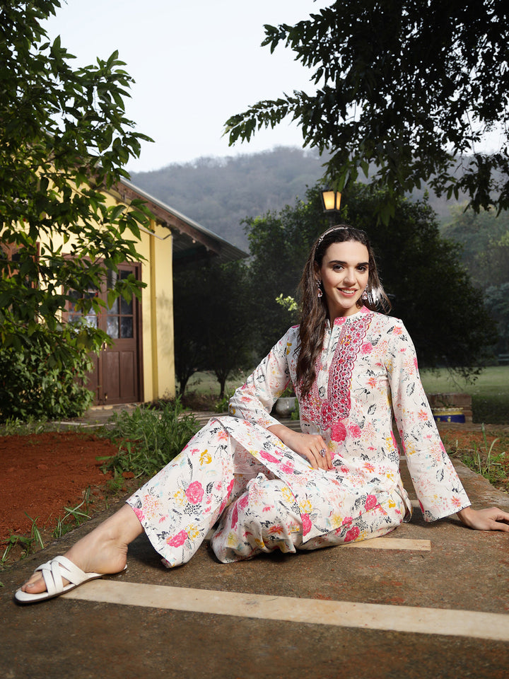 White Floral Printed &amp; Embroidered Rayon Straight Kurta Palazzo Set