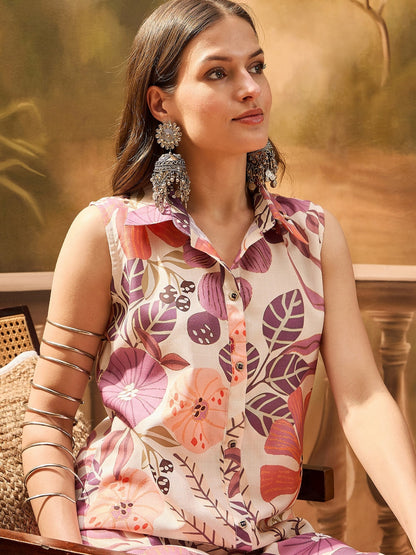 Multicolor Floral Printed Cotton Blend Kurta Palazzo Set
