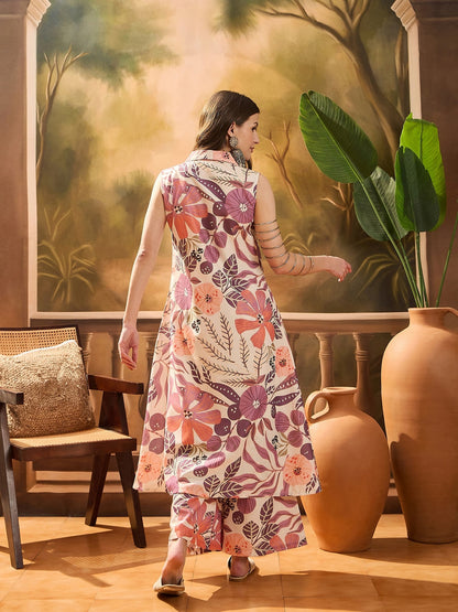 Multicolor Floral Printed Cotton Blend Kurta Palazzo Set